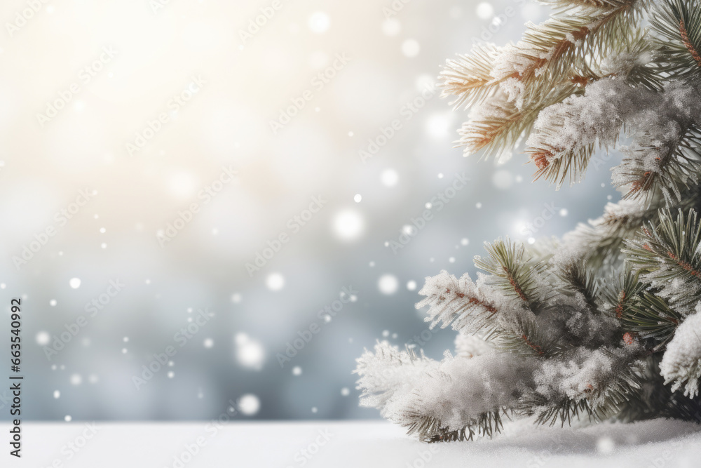 Beautiful winter background image of frosted spruce branches and small drifts of pure snow with bokeh Christmas lights and space for text, sharp details. Beautiful winter background image of frosted spruce branches and small drifts of pure snow with bokeh Christmas lights and space for text, sharp details.