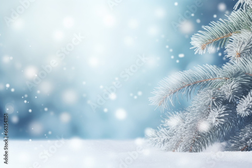 Beautiful winter background image of frosted spruce branches and small drifts of pure snow with bokeh Christmas lights and space for text, sharp details. © Akmalism