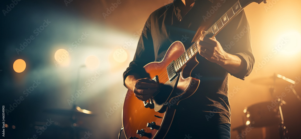 Close-up guitarist on stage with a guitar. Guitarist on stage for background, soft and blur concept. Music band performing in a recording studio. - obrazy, fototapety, plakaty 