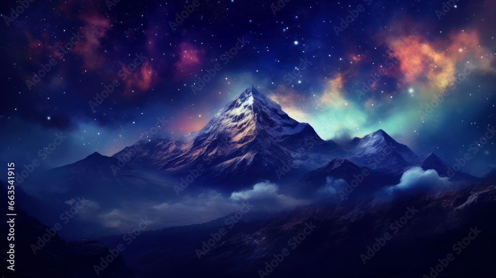 Mountain landscape with stars and nebula. 3d illustration.