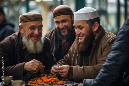 Emigrants-refugees  smiling  sitting at a table with locals  enjoying traditional food  dishes of European cuisine