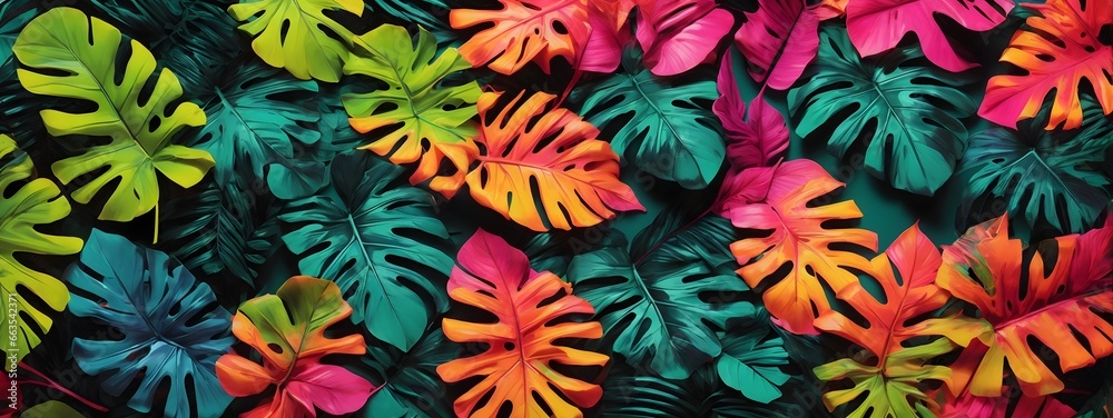 Featuring A Creative Color Layout Composed Of Tropical Leaves Arranged In A Flat Lay Fashion, Set Against A Backdrop Of Neon Colors AI Generative Featuring A Creative Color Layout Composed Of Tropical Leaves Arranged In A Flat Lay Fashion, Set Against A Backdrop Of Neon Colors AI Generative