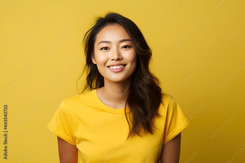 Happy Beautiful Young Fictional Asian Woman Smiling. Isolated on a Plain Background. Generative AI. Happy Beautiful Young Fictional Asian Woman Smiling. Isolated on a Plain Background. Generative AI.
