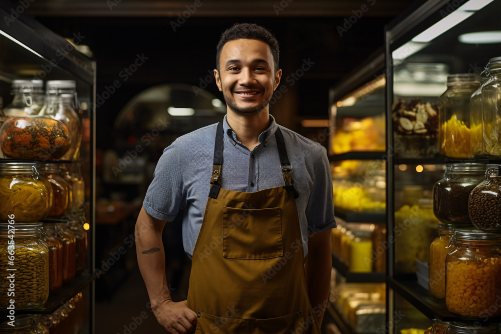 Fototapeta premium Ethnic male worker with jar of bulk standing in supermarket