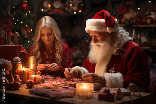 Papa Noel en su casa llena de regalos leyendo las cartas de los regalos  photo