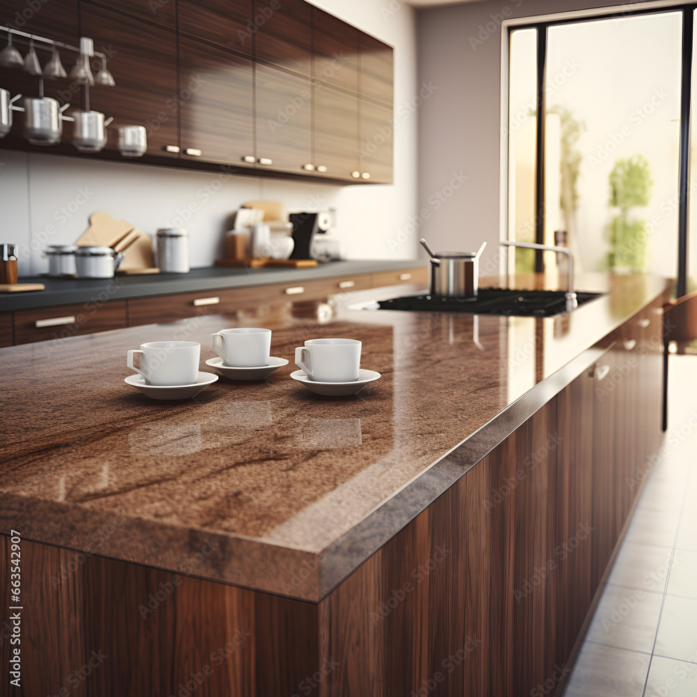 Fototapeta premium Kitchen island countertop with coffee set, modern kitchen background, Generative AI