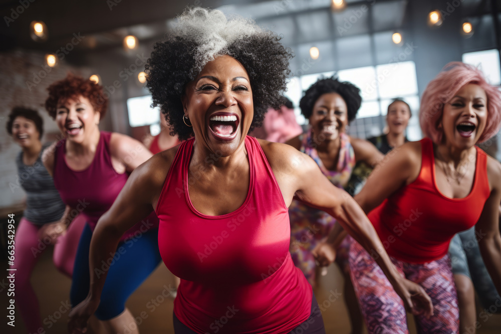 A group of diverse middle-aged women enjoying a joyful dance or gym class. Openly expressing their active lifestyle through dance or other dances with friends