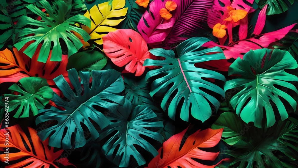 Featuring A Creative Color Layout Composed Of Tropical Leaves Arranged In A Flat Lay Fashion, Set Against A Backdrop Of Neon Colors AI Generative Featuring A Creative Color Layout Composed Of Tropical Leaves Arranged In A Flat Lay Fashion, Set Against A Backdrop Of Neon Colors AI Generative