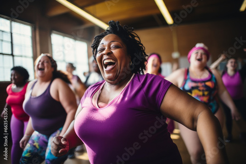 A group of diverse middle-aged women enjoying a joyful dance or gym class. Openly expressing their active lifestyle through dance or other dances with friends