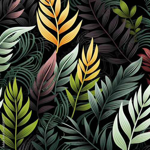 seamless floral pattern with leaves on black background created with Generative Ai