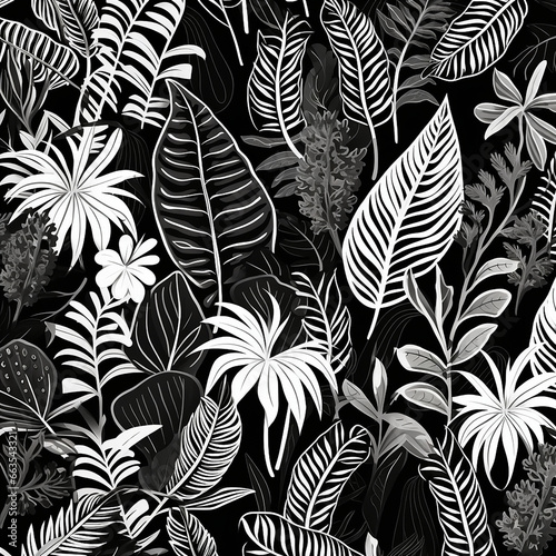 seamless floral pattern with leaves on black background created with Generative Ai