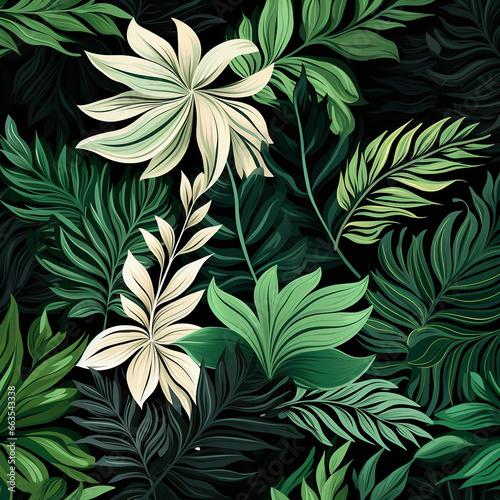 seamless floral pattern with leaves on black background created with Generative Ai