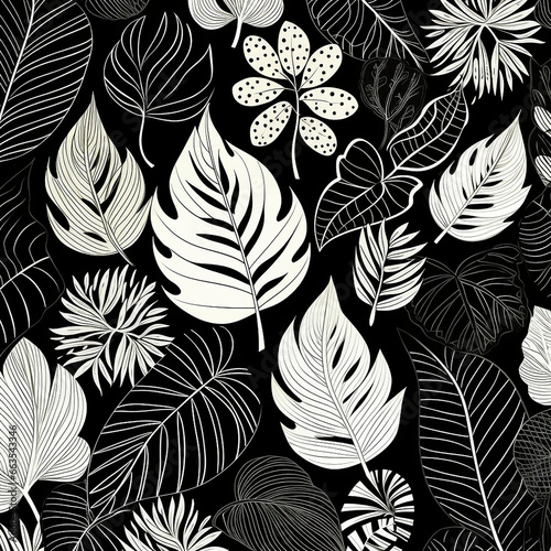 seamless floral pattern with leaves on black background created with Generative Ai