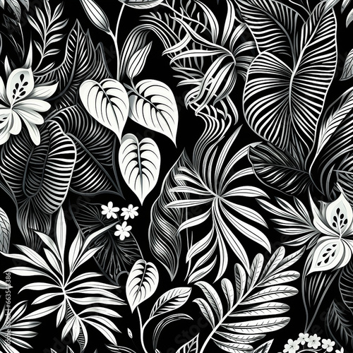 seamless floral pattern with leaves on black background created with Generative Ai