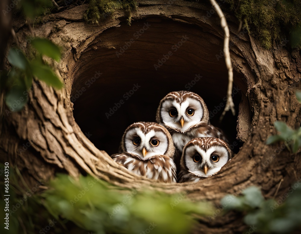 two owls inside tree hole nest peeking out of the hole two owls inside tree hole nest peeking out of the hole