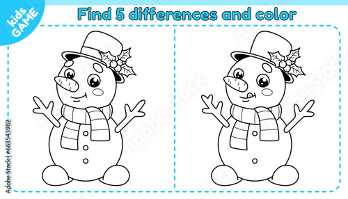 Kids game Find 5 differences with cartoon snowman in scarf and hat with mistletoe. Compare winter snow characters and spot differences. Educational puzzle for children. Black and white outline vector.