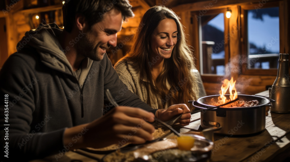 couple sharing a romantic meal in front of a cozy fireplace generative ai
