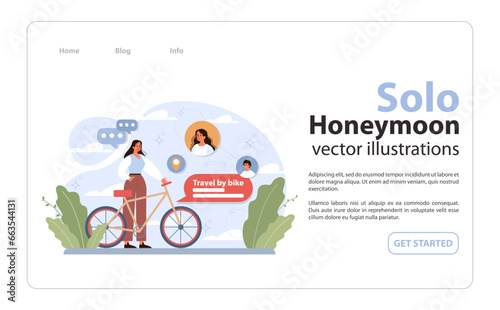 Solo travel, honeymoon web banner or landing page. Female character