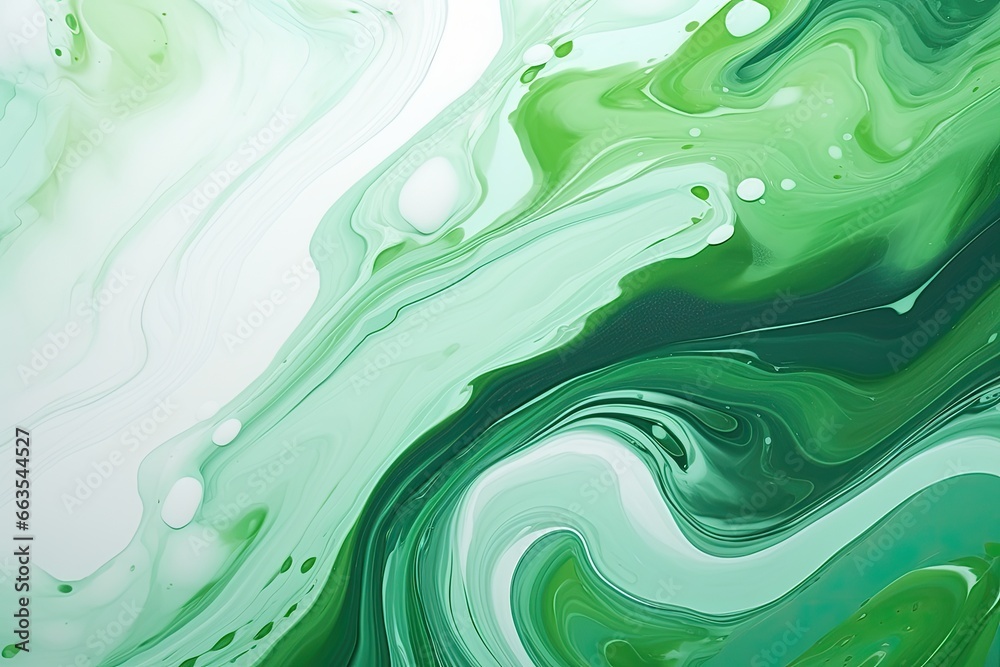 Abstract liquid marble background, stirred green and white paint texture, ai generated