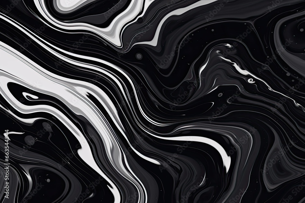 Abstract liquid marble background, stirred black and white paint texture, ai generated