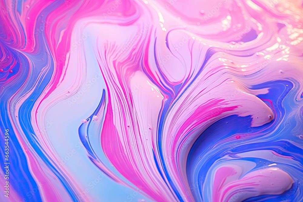 Abstract liquid marble background, stirred blue and pink paint texture, ai generated