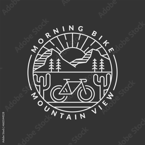 morning mountain biking badge vector illustration. mountain and bicycle monoline or line art style. design can be for t-shirts, sticker, printing needs