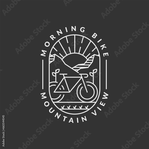 morning mountain biking badge vector illustration. mountain and bicycle monoline or line art style. design can be for t-shirts, sticker, printing needs