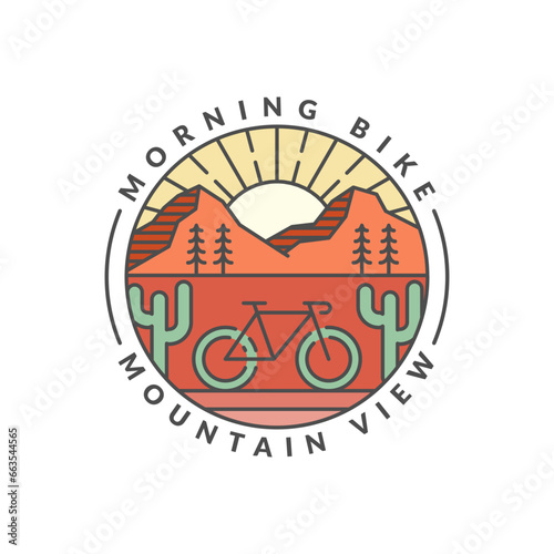 morning mountain biking badge vector illustration. mountain and bicycle monoline or line art style. design can be for t-shirts, sticker, printing needs
