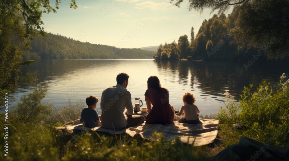 family enjoying a picnic by a serene lake surrounded by trees generative ai