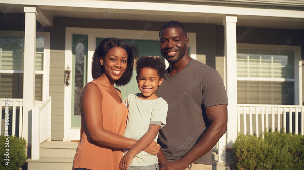 Fototapeta premium family posing in front of their new house generative ai