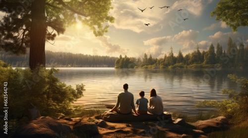 family enjoying a picnic by a serene lake surrounded by trees generative ai
