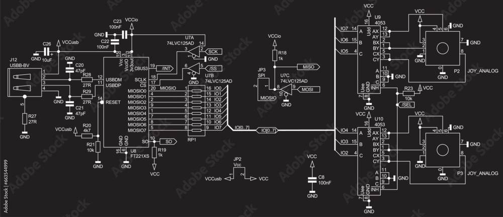 Technical schematic diagram of electronic device.
Vector drawing electrical circuit with button, controller, 
usb, logic gates, integrated circuit
and other electronic components.