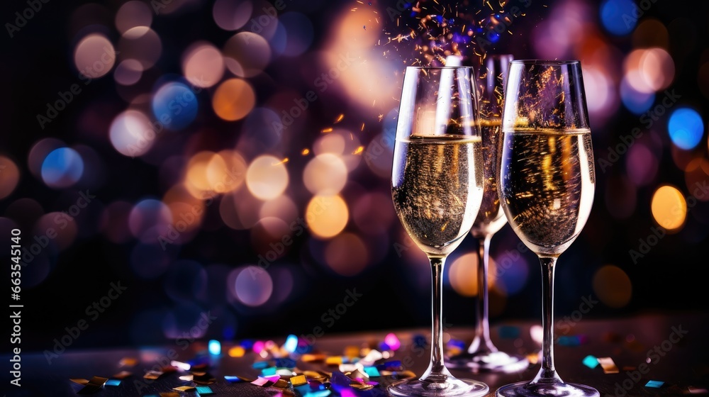 three glasses of champagne, colorful bokeh background, party celebration new year toasting, ai generated three glasses of champagne, colorful bokeh background, party celebration new year toasting, ai generated