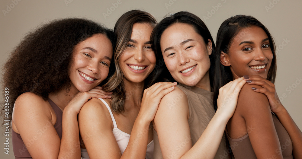 Diversity face, beauty group and happy women with natural cosmetics, facial skincare glow and studio self care. Woman empowerment, makeup and equality portrait of model friends on grey background Diversity face, beauty group and happy women with natural cosmetics, facial skincare glow and studio self care. Woman empowerment, makeup and equality portrait of model friends on grey background