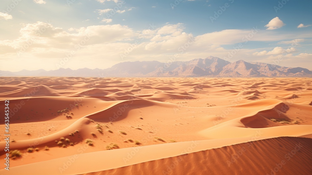 Capture of desert landscape with rolling dunes under a scorching sun from above. generative ai