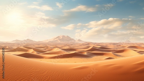 Capture of desert landscape with rolling dunes under a scorching sun from above. generative ai