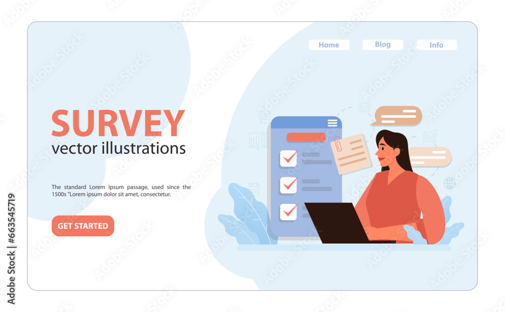 Public opinion polling web banner or landing page. Female character Public opinion polling web banner or landing page. Female character