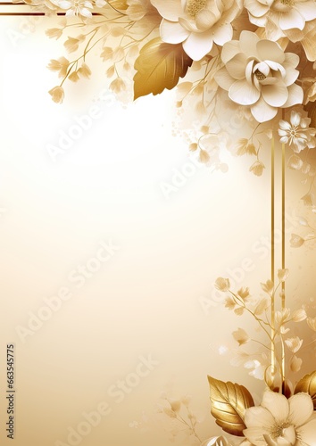 Golden wedding invitation card background, floral ornaments with copy space for text, ai generated