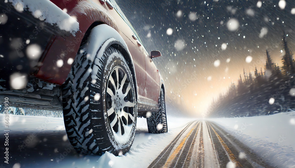 Concept of changing tires on car wheels when winter begins. Close-up of rear wheels of a car driving at speed on a snowy icy road.
