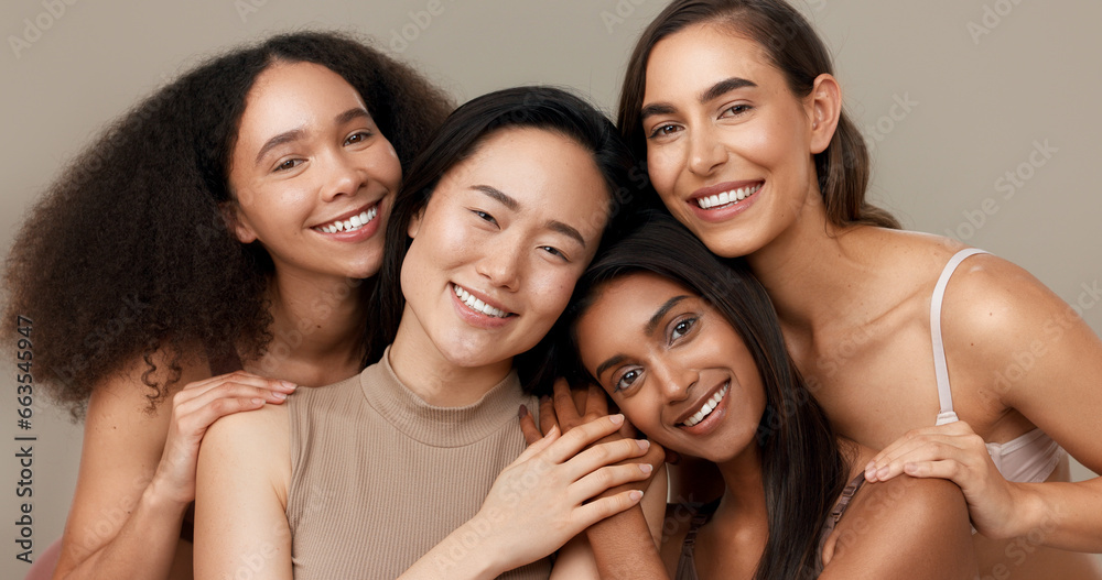 Women, portrait and beauty, diversity and happy with wellness, dermatology and friends isolated on studio background. Unique skin, natural cosmetics and inclusion with skincare, smile and antiaging Women, portrait and beauty, diversity and happy with wellness, dermatology and friends isolated on studio background. Unique skin, natural cosmetics and inclusion with skincare, smile and antiaging