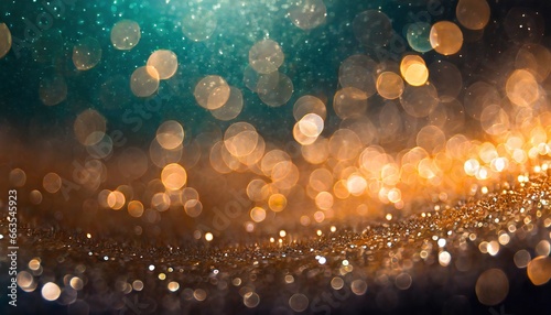Bokeh background with golden light. Glitter and diamond dust, defocused shiny particles fly in the dark space of air.