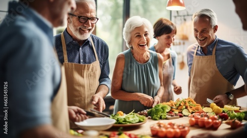 A cheerful group of retired friends shares a cooking experience  laughter  and stories while preparing a gourmet meal together.