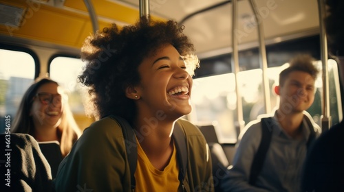 A group of students use public transportation. They are laughing and having fun among themselves.
