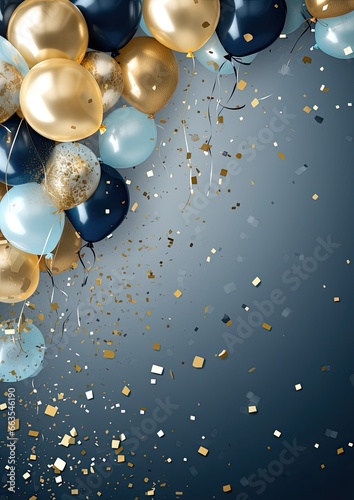 Party invitation card background with confetti and balloons, ai generated