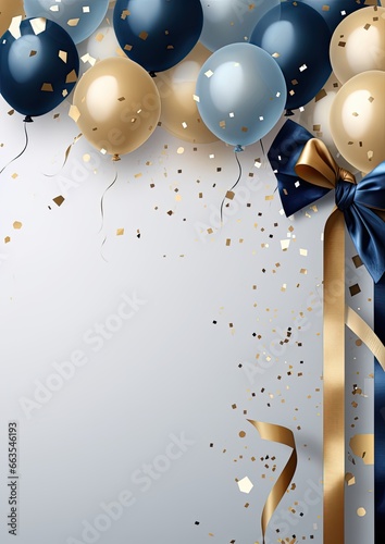 Party invitation card background with blue and golden balloons, free copy space for text, ai generated