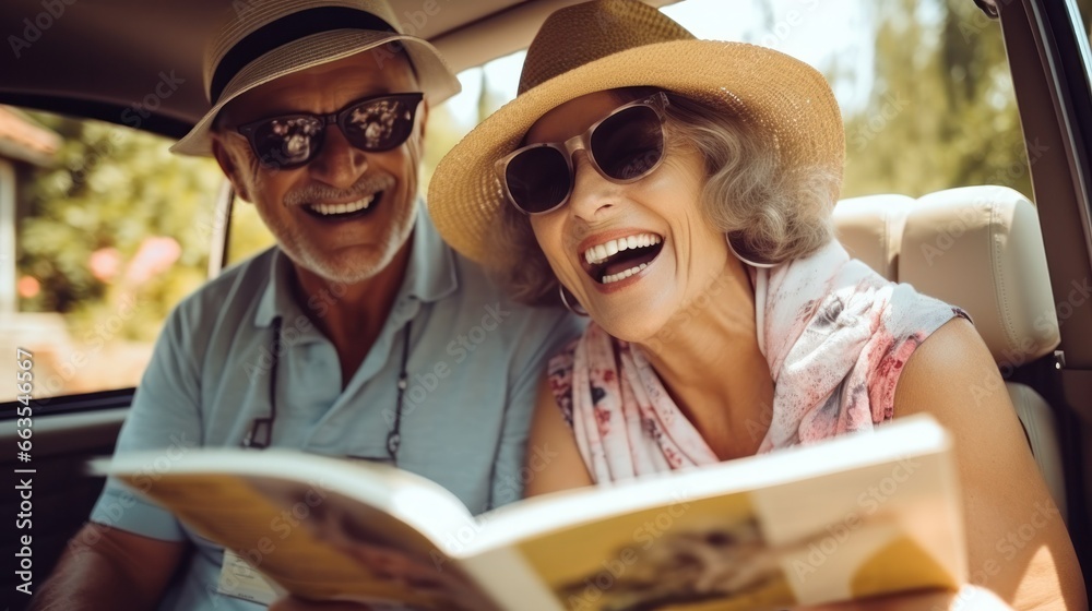 Exuding adventure, a spirited elderly couple poses with their vintage car during a scenic road trip, the map in their hands suggesting exciting plans.