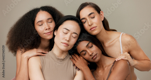 Diversity, beauty and women, portrait and cosmetics with wellness, dermatology and glow on studio background. Different skin, unique and inclusion with model group in a studio, skincare and face