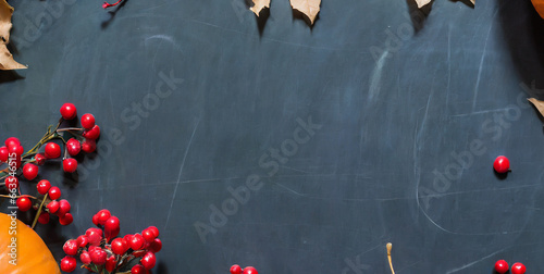 thanksgiving background decoration from dry leaves red berries and pumpkin on blackboard bac