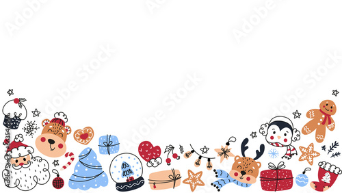 Christmas background with Santa, reindeer, gingerbread, Christmas elements for decoration