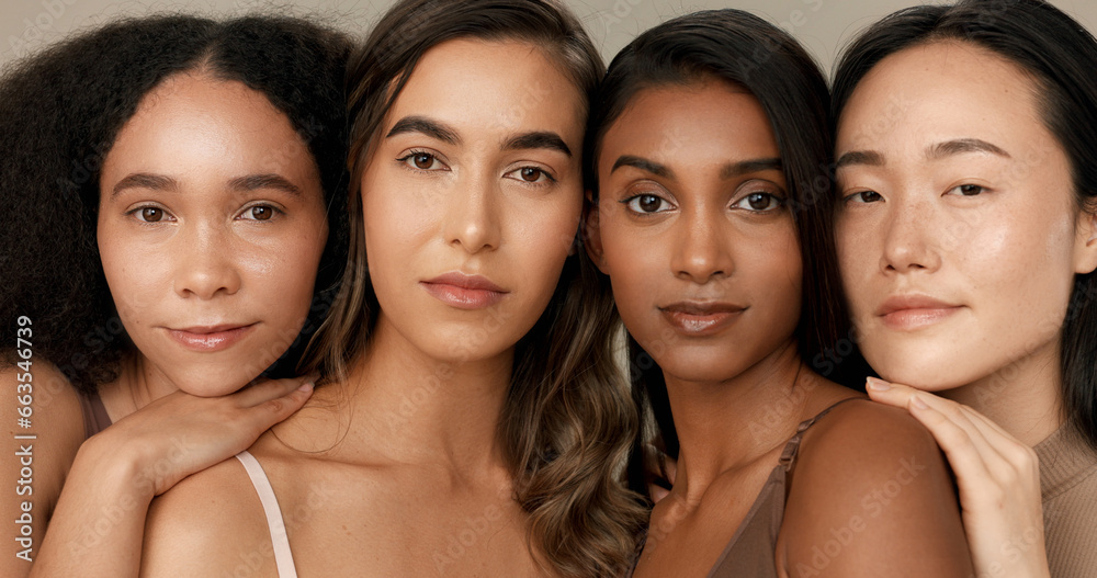 Women, natural beauty and face with diversity, skincare and wellness for inclusion in studio. Cosmetics, brown background and female group with dermatology, community and friends together for glow Women, natural beauty and face with diversity, skincare and wellness for inclusion in studio. Cosmetics, brown background and female group with dermatology, community and friends together for glow